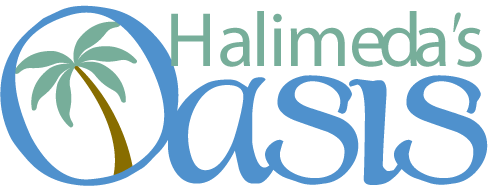 Halimeda's Costuming Oasis with blue letters and palm tree